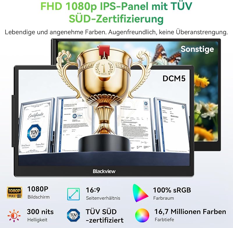 DCM5 Laptop Bildschirm Erweiterung 14", Niedriges Blaulicht 1080P FHD Laptop Monitor Erweiterung 13"-17,3", HDMI/USB-A/USB C Portable Monitor für Laptop/Smartphone/PC/Mac/PS5/Xbox