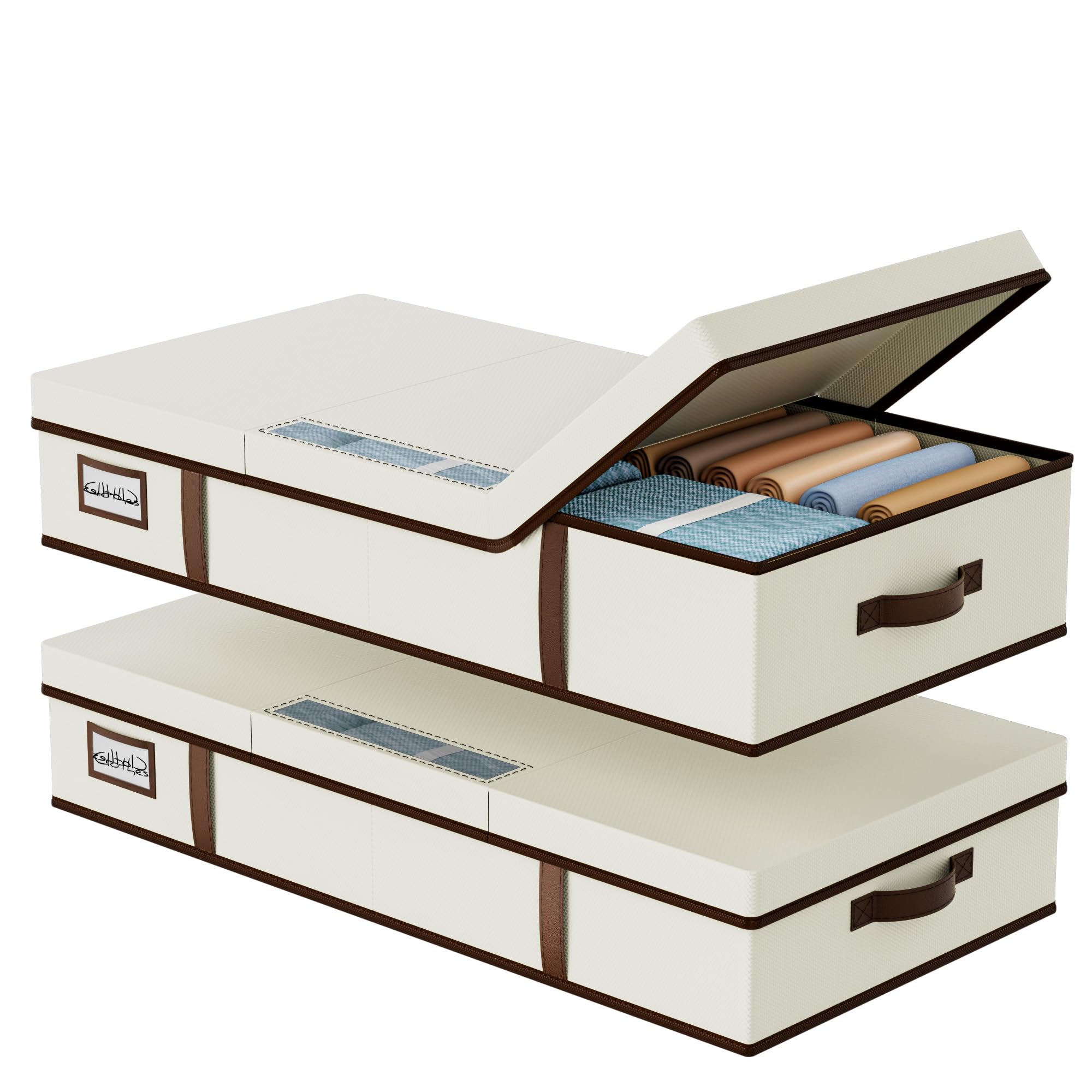 Photo 1 of Yecaye 2 Pack Under Bed Storage Containers, Large Underbed Storage Drawers with Lid, Foldable Low Profile Stackable Bins with Clear Window & 4 Handles for Clothes, Blanket, Shoes, Beige,31.5*15.75*6in
