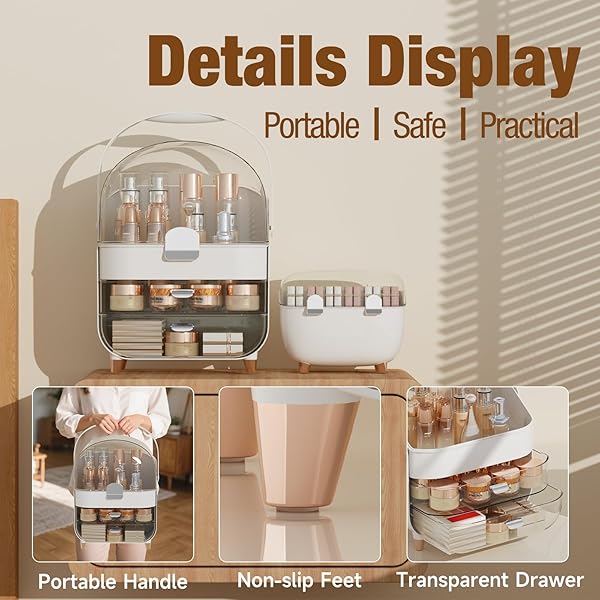 CLBDRESS MAKEUP ORGANIZER FOR VANITY WITH PERFUME STORAGE BOX, COUNTERTOP SKINCARE ORGANIZER WITH 2 DRAWERS, COSMETIC DISPLAY CASE FOR PERFUMES, EYESHADOW PALETTES, NAIL POLISHES, PINK