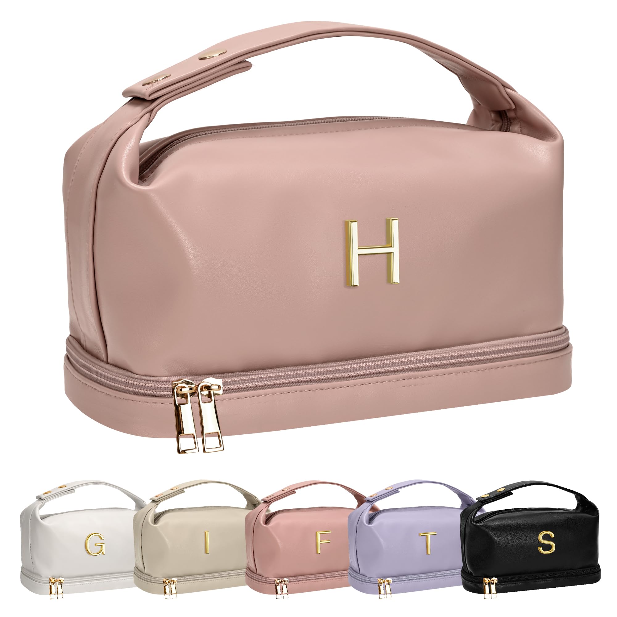 Photo 1 of Vogewood Birthday Gifts for Mom, Personalized Makeup Bag with Handle, Initial Double Layer Cosmetic Bag with Makeup Brush Organizer, Pink Gift Bags Travel Toiletry Bag, Gifts for Friends Female Mom