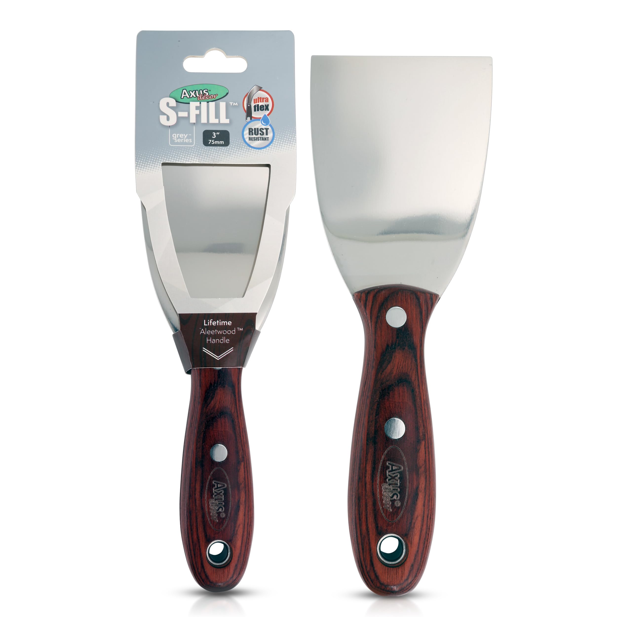 Axus Decor S-Fill (Grey Series) Stainless Steel Flexible Filling Knife, Filler - Putty Knife for Professional & DIY Projects - Anti Rust Blade and Ergonomic Aleetwood Handle - 3 Inch/ 75mm