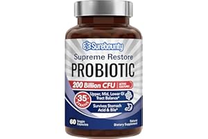 Surebounty Probiotic for Men & Women, 200 Billion CFU 35 Strains, Prebiotics + Digestive Enzymes, Supreme Restore Probiotic Supplement, Upper, Mid, Lower GI Tract Balance, 60 Veggie Capsules, 1 Month