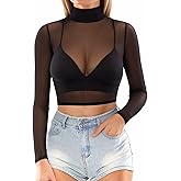 MANGOPOP Women's Short Sleeve Long Sleeve Sheer Mesh Crop Tops Tee Shirt Blouse