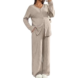 BLENCOT Maternity Lounge Set 2 Piece Long Sleeve Top and Pants with Pockets | Winter Fall Postpartum Outfits for Women V Neck
