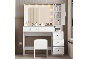 Garvee Vanity Desk Set with Stool, Makeup Vanity Table with Lights in 3 Colors, White Dressing Table Set with Charging Statio