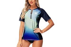 AOBUTE Women Zip Rash Guard UPF 50+ Gradient Short Sleeve Swim Top Surf Shirts