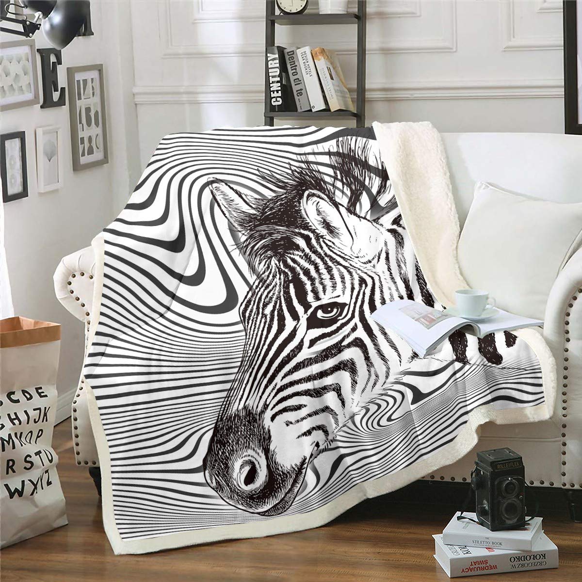 Loussiesd Zebra Fleece Throw Blanket Wild Animal Theme Plush Blanket for Bed Couch Sofa Black White Stripe Lines Breathable Chic Wildlife Style Room Decor Double 60"x79"