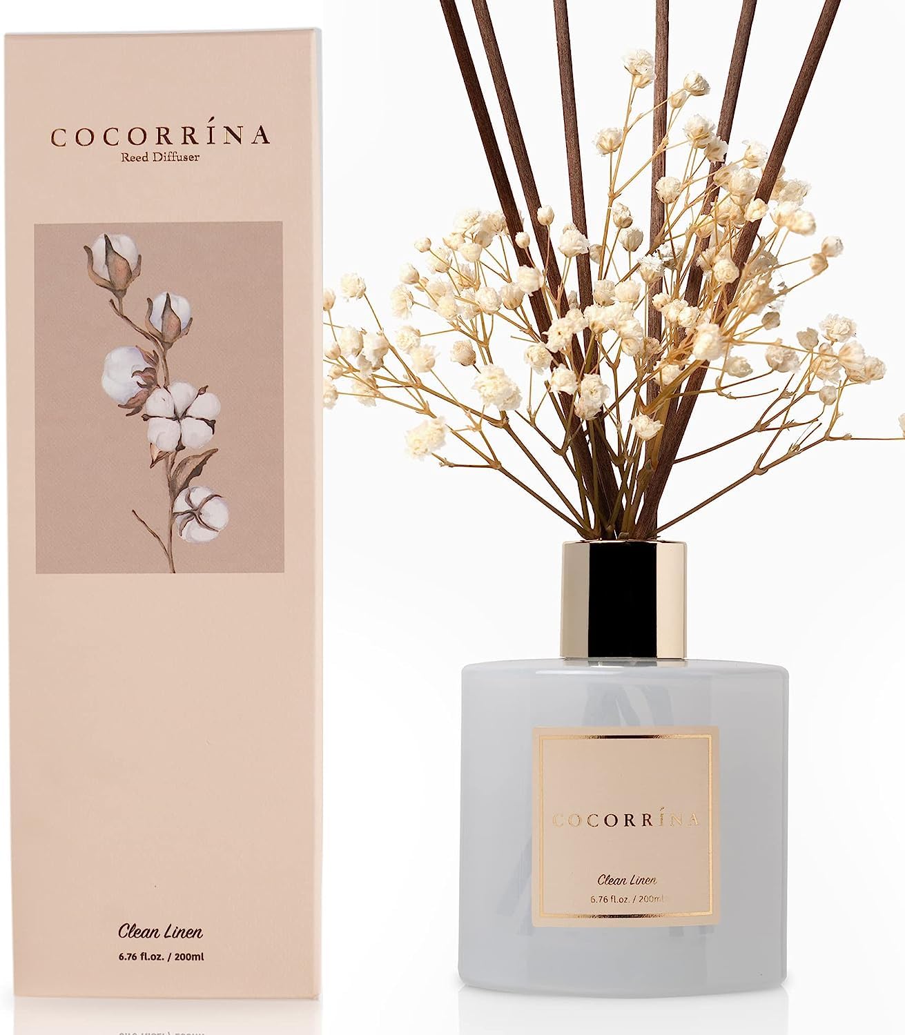 COCORRÍNA Raumduft Reed Diffuser mit 8 Duftstäbchen 200ml- Sauberes Leinen, Natürlich, Langanhaltend, Home Duft ätherisches Öl Reed Diffusor für Badezimmer Regal Dekoration