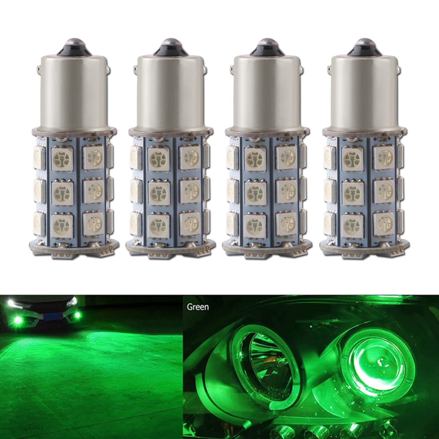 Qasim 4x 1156 BA15S LED Bulbs P21W 1141 5050 27-SMD For Front Rear Turn Signal Light Brake Parking Light 12V Green