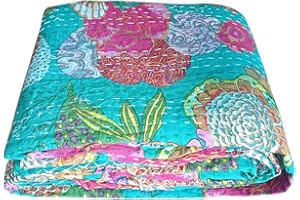 Rajasthaniartdecor Indian Reversible Kantha Quilt for Living Dorm Room Bed Cover Handmade Stitched Pure Cotton Fruit Print Bedspread Kantha Quilt (Twin 60''x90'' Inche, C Green) RAD00V-8