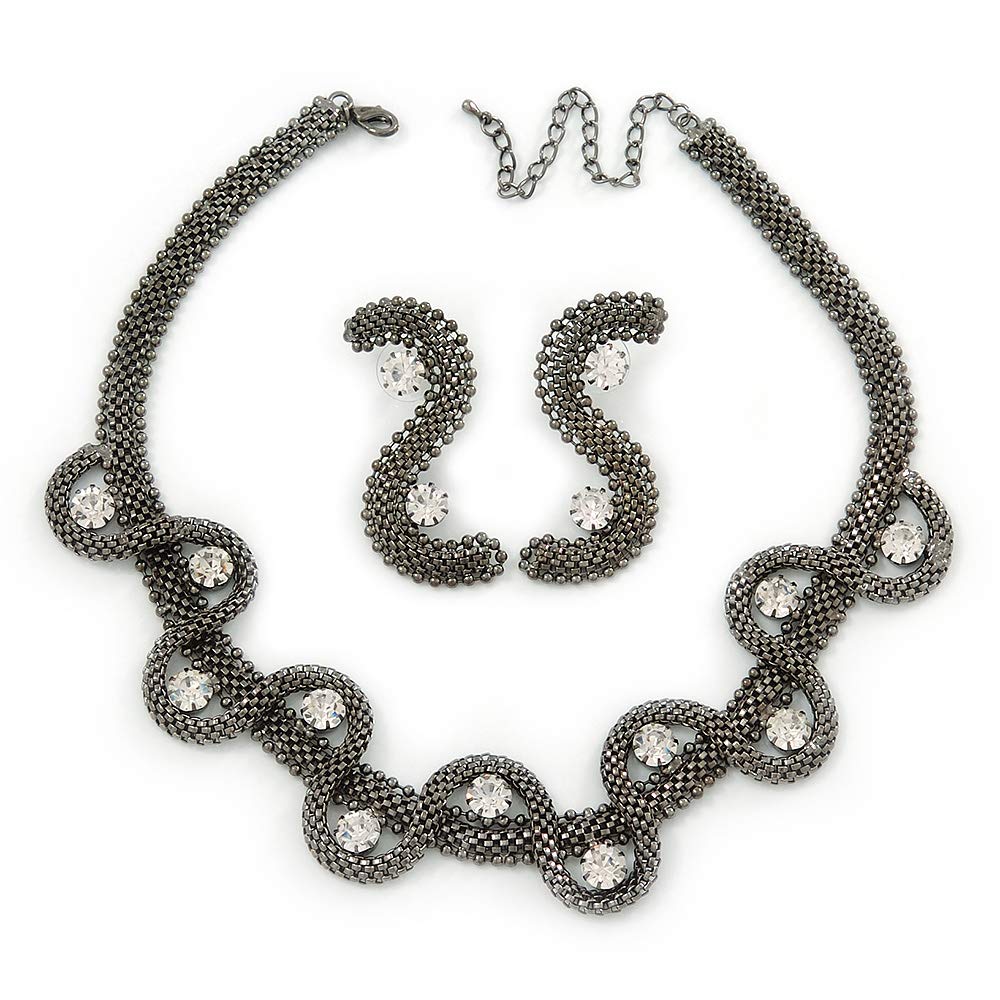 Avalaya Mesh Chain Crystal Twirl Necklace And Stud Earrings Set/Gun Metal Finish/ 40cm L/ 11cm Ext