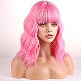 WTHCOS Pink Wig With Bangs for Women Short Pink Curly Wavy Heat Resistant Synthetic Cosplay Wigs for Daily Use With Wig Cap