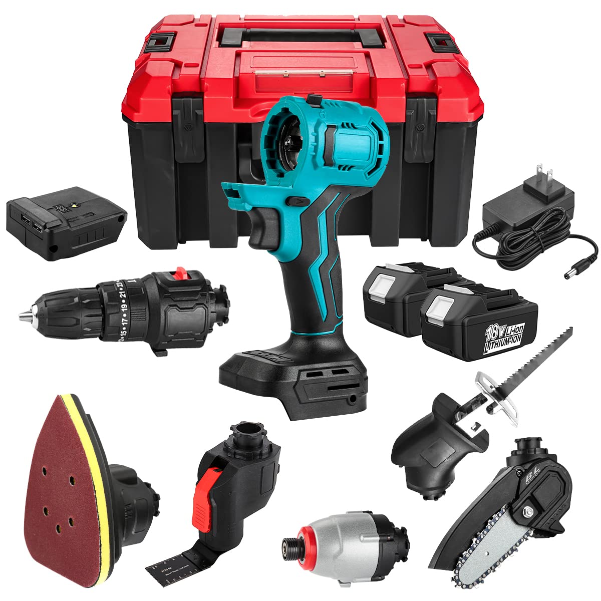 Photo 1 of Energup 9 pcs Hand Power Tools Combo Sets Household one fuselage, 6 power tool drill driver hand drill machine Impact Wrench Drivers (2Pack 5.0Ah batteries and 1Pack Charger)