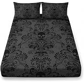 AILONEN Black Skull Fitted Sheet Set Queen Size,Floral Flower Gothic Skull Bed Sheet Set for Bedroom Decor,3 Pieces Boho Tree of Life Sheet Set,1 Fitted Sheet with 2 Pillowcases