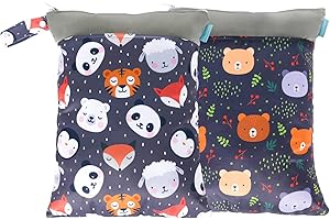MOMIGO 2 pcs/set Wet Dry Bags for Baby Cloth Diapers - Reusable, Washable for Stroller, Diapers, Toiletries, Travel Bags, Beach, Pool, Gym Bag with Two Zippered Pockets 11.8 * 15.7 inch (Animal)