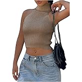 Floerns Women's Solid Sleeveless Ribbed Vest Turtleneck Knitted Crop Tank Top