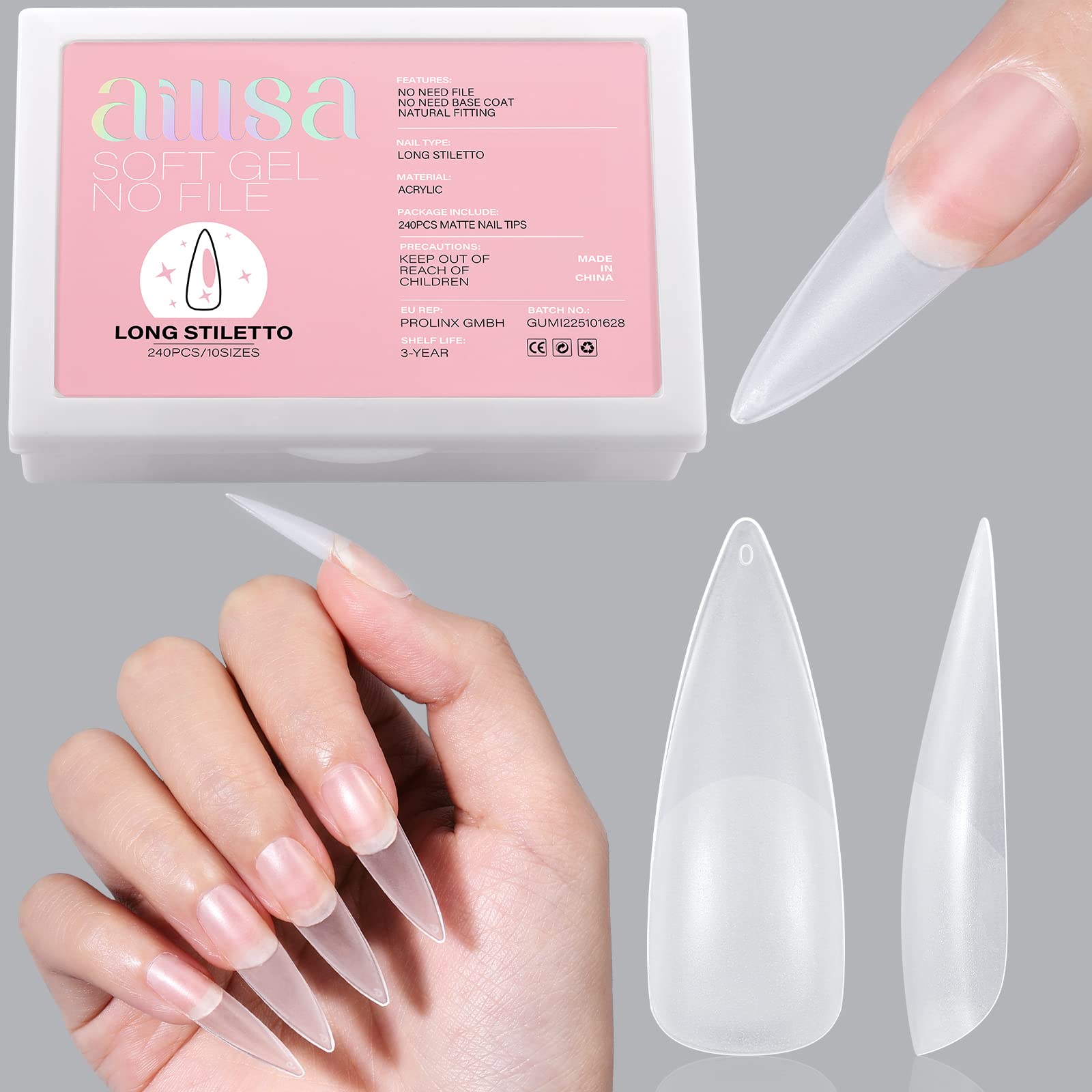 AILLSA Long Stiletto Nail Tips - Upgraded Matte Gel Full Cover Nails Tips No Filed, 240Pcs Pre-shaped Gelly Tips Acrylic Clear False Press On Soft Nail Tip for Soak Off Nail Extension 10 Sizes