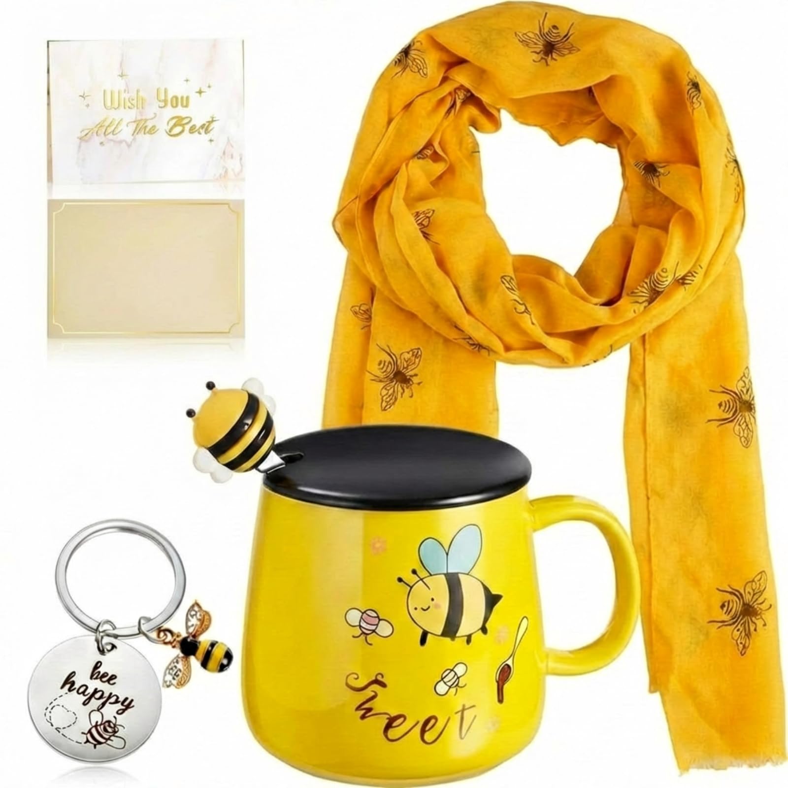 EBOOT 4 Pieces Bee Lovers Gifts Set for Women Including Ceramic Mug Tea Cup with Cover and Spoon, Women Silk Scarf Wraps Shawl, Keychain Keyring with Box and Gift Card Present for Bee Lover
