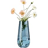 Modern Large Glass Vase H-9.8" Blue Vases for Flowers, Centerpieces and Decorative Accents - Tall Plant Vase for Office Home Table Decor