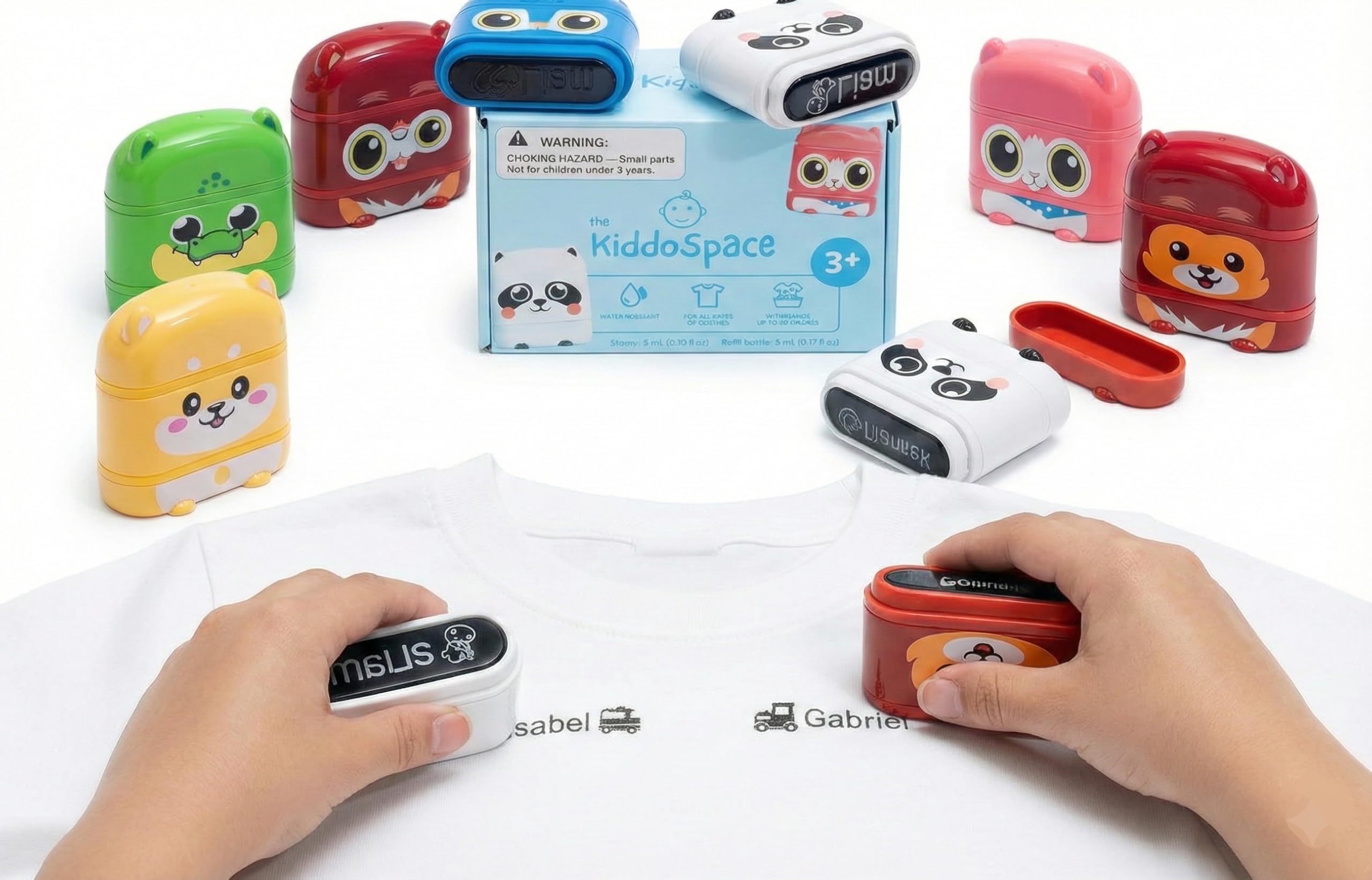 KiddoSpace Name Stamp for Clothing Kids Waterproof - Kiddostamp™ Double Sided (White + Black Ink) Name Stamp for Labeling Child Belongings - Personalised Clothing Stamps - Kids Clothes Labeling