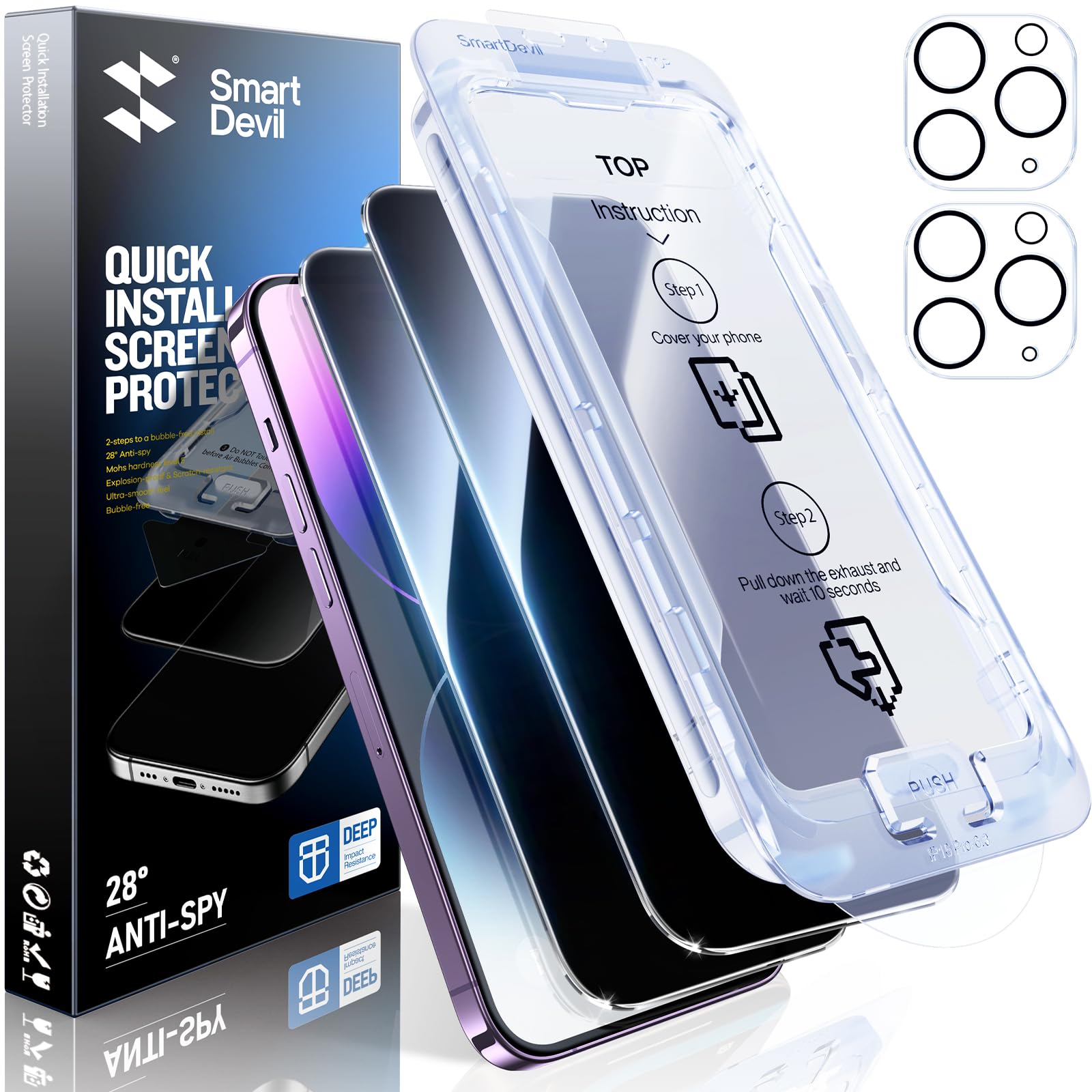 Photo 1 of SMARTDEVIL 2+2Pack Privacy Screen Protector for iPhone 14 Pro Max with Camera Lens Protector,Shatterproof Tempered Glass [True 28°Anti Spy][9H Hardness][Auto Dust-Elimination Install][Bubble Free]