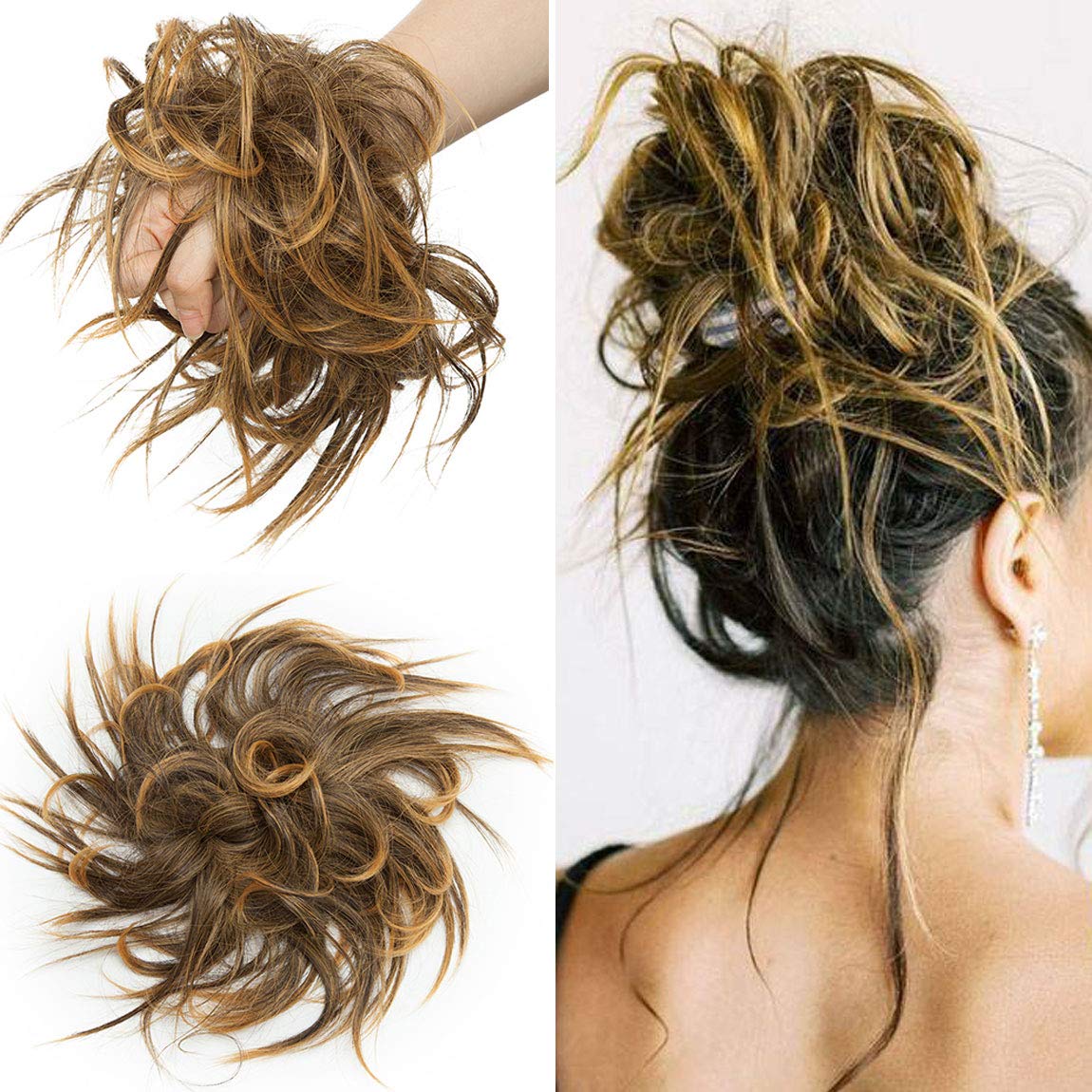 Tousled Updo Hair Pieces Messy Bun Hair Scrunchies Extensions Hair Piece Ponytail With Elastic Rubber Hair Extensions for Women Brown mix Gold Blonde