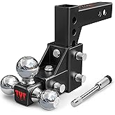 TYT Adjustable Tri-Ball Trailer Hitch for 2 inch Receiver, 5" Drop/Rise, Triple Balls (1-7/8", 2", 2-5/16"), 10,000 lbs GTW, 1,000 lbs TW, Includes Hitch Pin Lock & Tri Pins