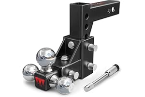 TYT Adjustable Tri-Ball Trailer Hitch for 2 inch Receiver, 5" Drop/Rise, Triple Balls (1-7/8", 2", 2-5/16"), 10,000 lbs GTW, 1,000 lbs TW, Includes Hitch Pin Lock & Tri Pins