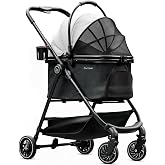 Pawccoli Pet Stroller for Small Dogs and Cats, One-Click Foldable Dog Stroller with Detachable Carrier &amp; 3 Safety Tethers, Holds up to 33 lbs, Storage Basket &amp; Cup Holder, Breathable Mesh, Black