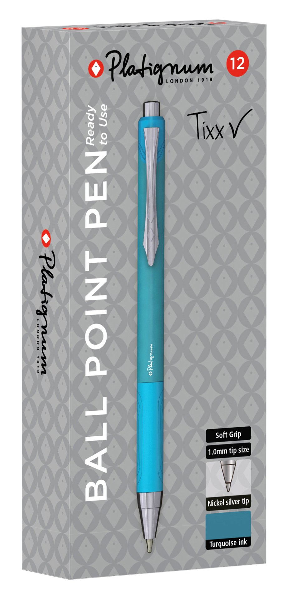 Platignum Tixx Turquoise Ballpoint Pen [Pack of 12] Soft Grip Barrel with Hybrid Gel Ink for Smudge-Free and Ultra-Smooth Writing [50492]