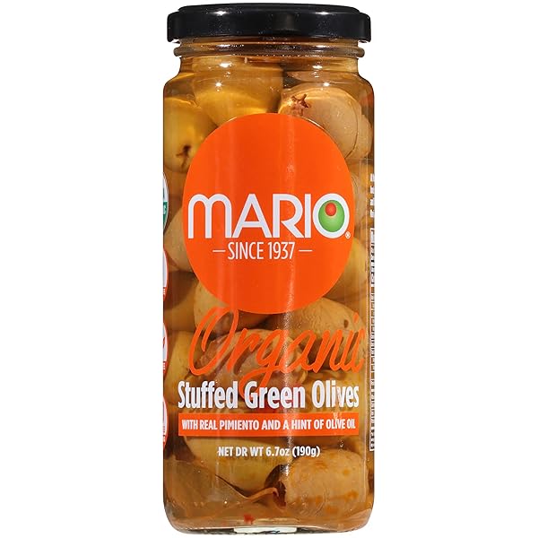 MARIO CAMACHO ORGANIC GREEN OLIVES STUFFED WITH REAL PIMIENTO AND TOUCH OF OLIVE OIL, 6.7 OUNCE (PACK OF 1)