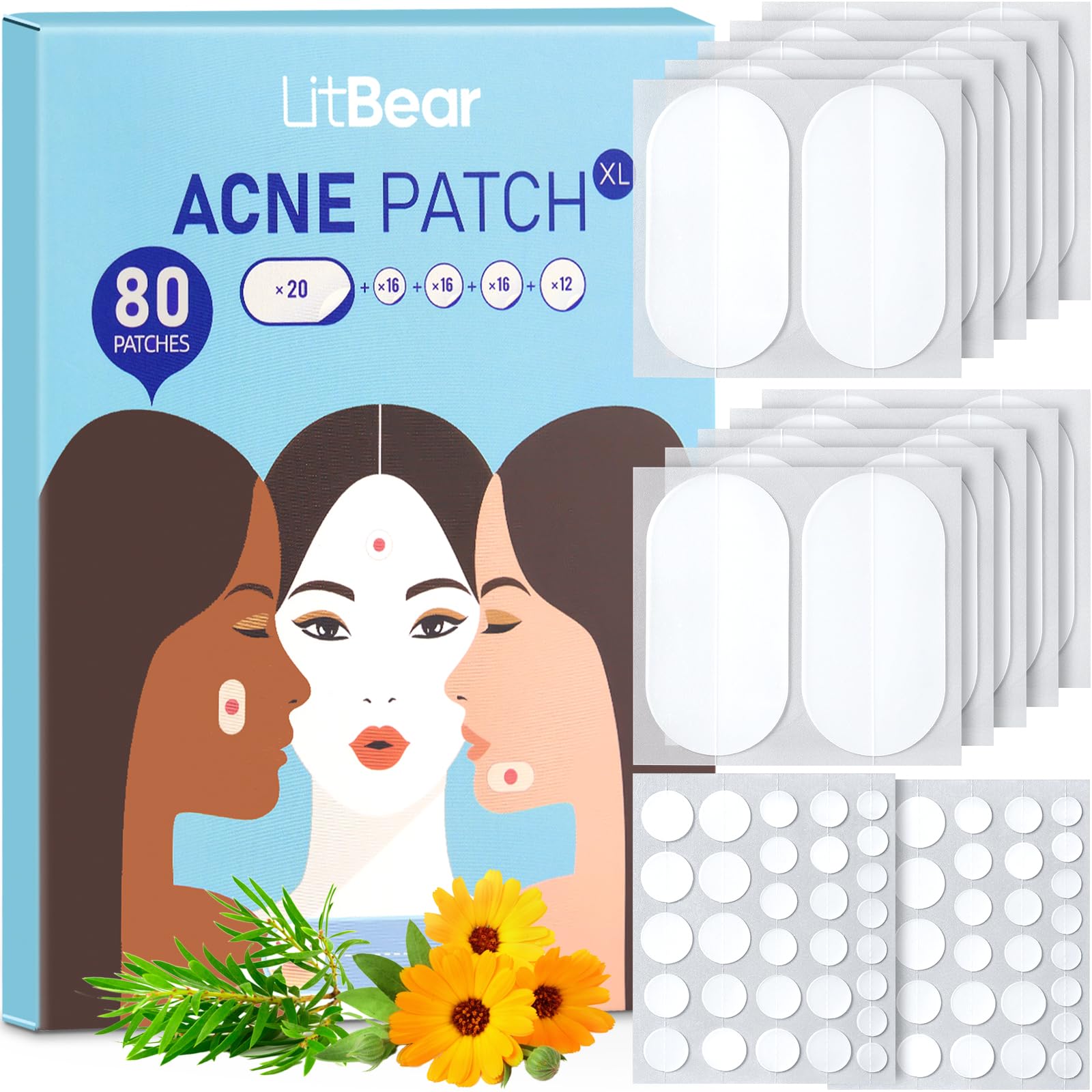 LitBear Acne Pimple Spot Patches for Large Zit Breakouts, Acne Patches for Face, Chin or Body, Acne Spot Treatment with Tea Tree & Calendula Oil, Hydrocolloid (80 Patches)