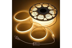 Samsion 100FT COB LED Rope Lights Outdoor Waterproof IP67 One Roll 110V LED Light Strip Super Bright Warm White 3000K 288Leds/M Flexible COB LED Lighting with Switch Plug in for Building Decor 30M