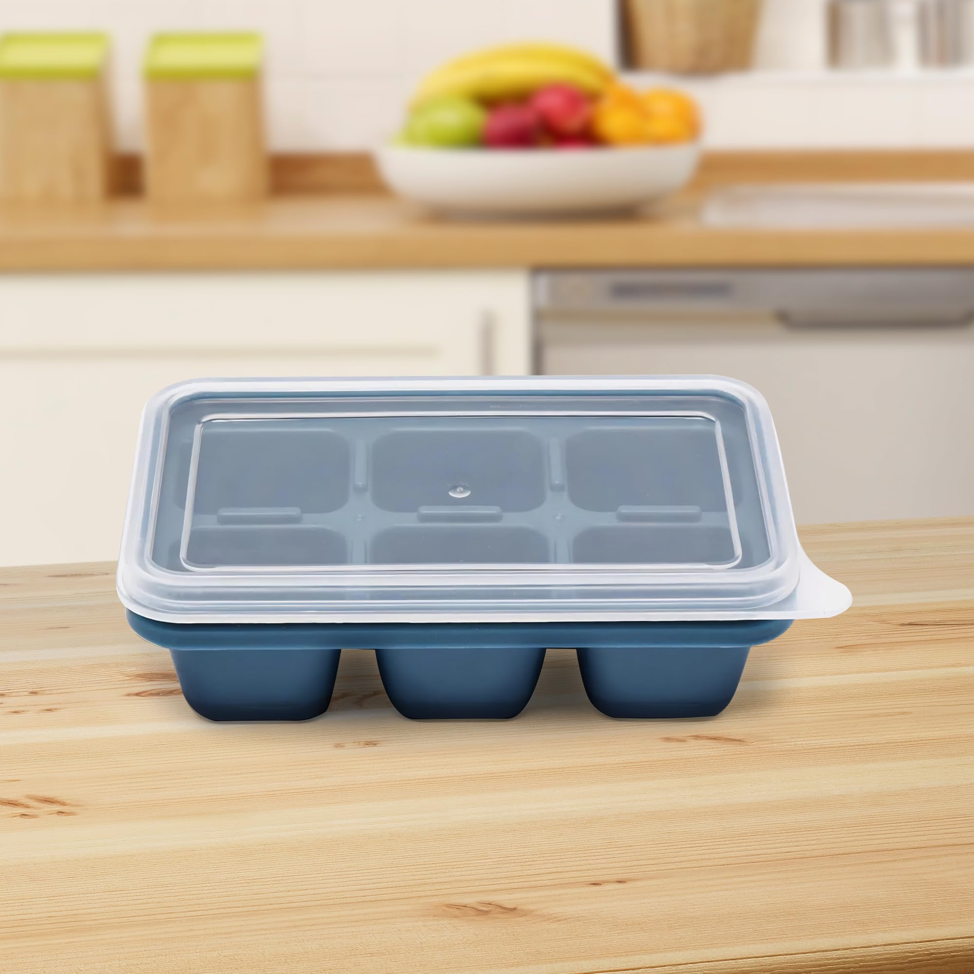 Photo 1 of 6-Cavity Large Silicone Ice Tray with Lid – Blue Cube Mold for Drinks, Smoothies & Beverage Prep