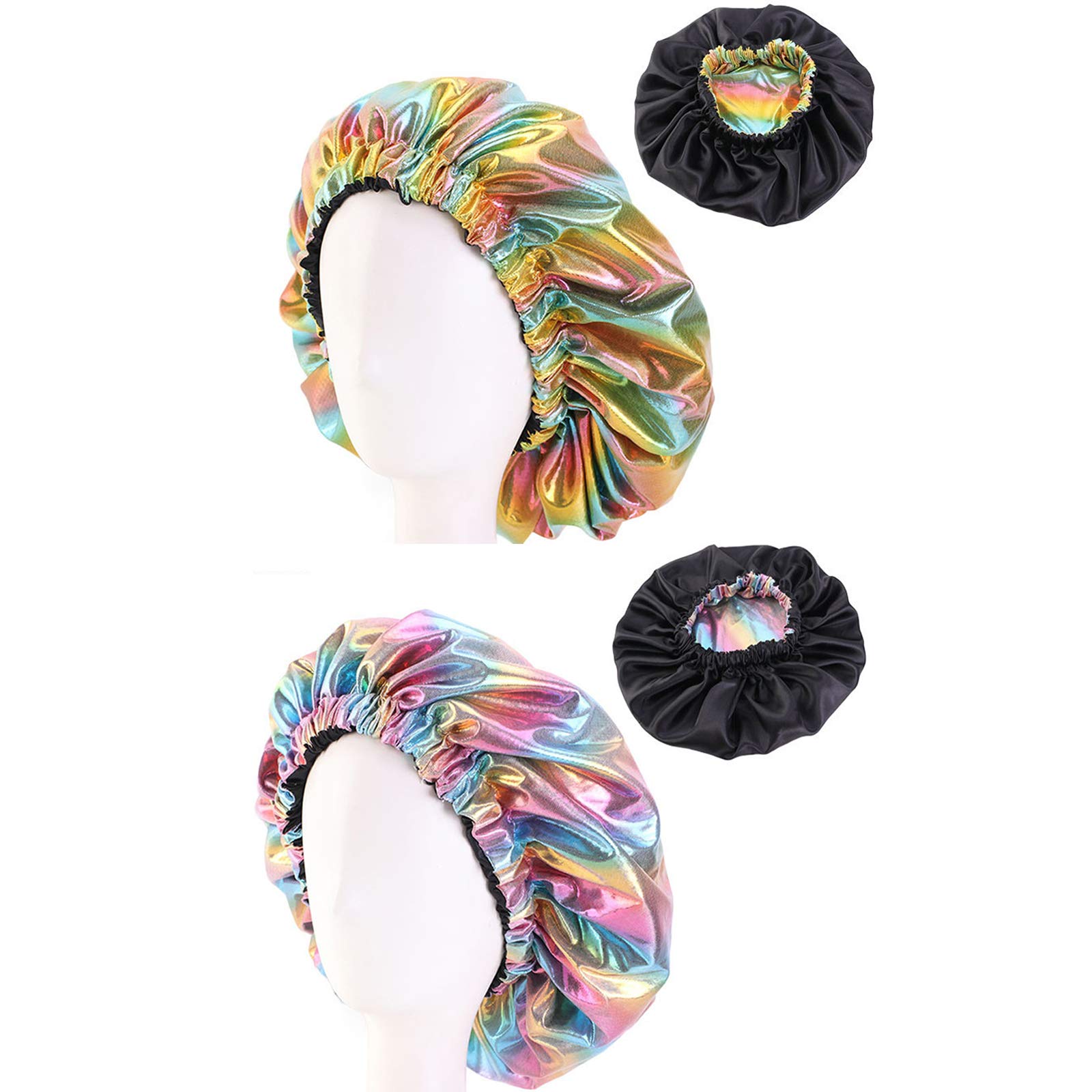 Luovce 2 Pieces Women's Bonnets Double-layer Laser Elastic Round Night Caps Shower Caps Chemotherapy Caps