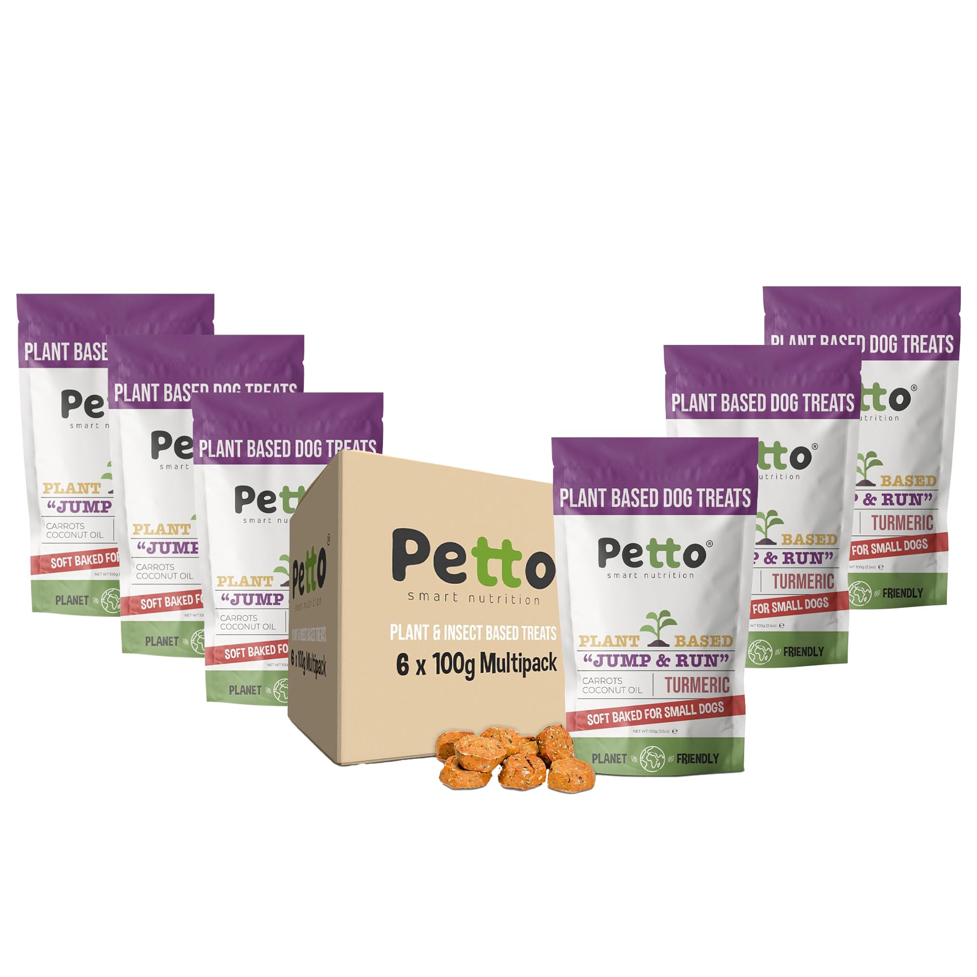 Petto Natural Dog Treats - Hypoallergenic Small Dog and Puppy Treats, Soft Baked, Plant-Based Biscuits High in Protein with Turmeric, Carrot and Coconut Oil, Jump and Run, x6 100g