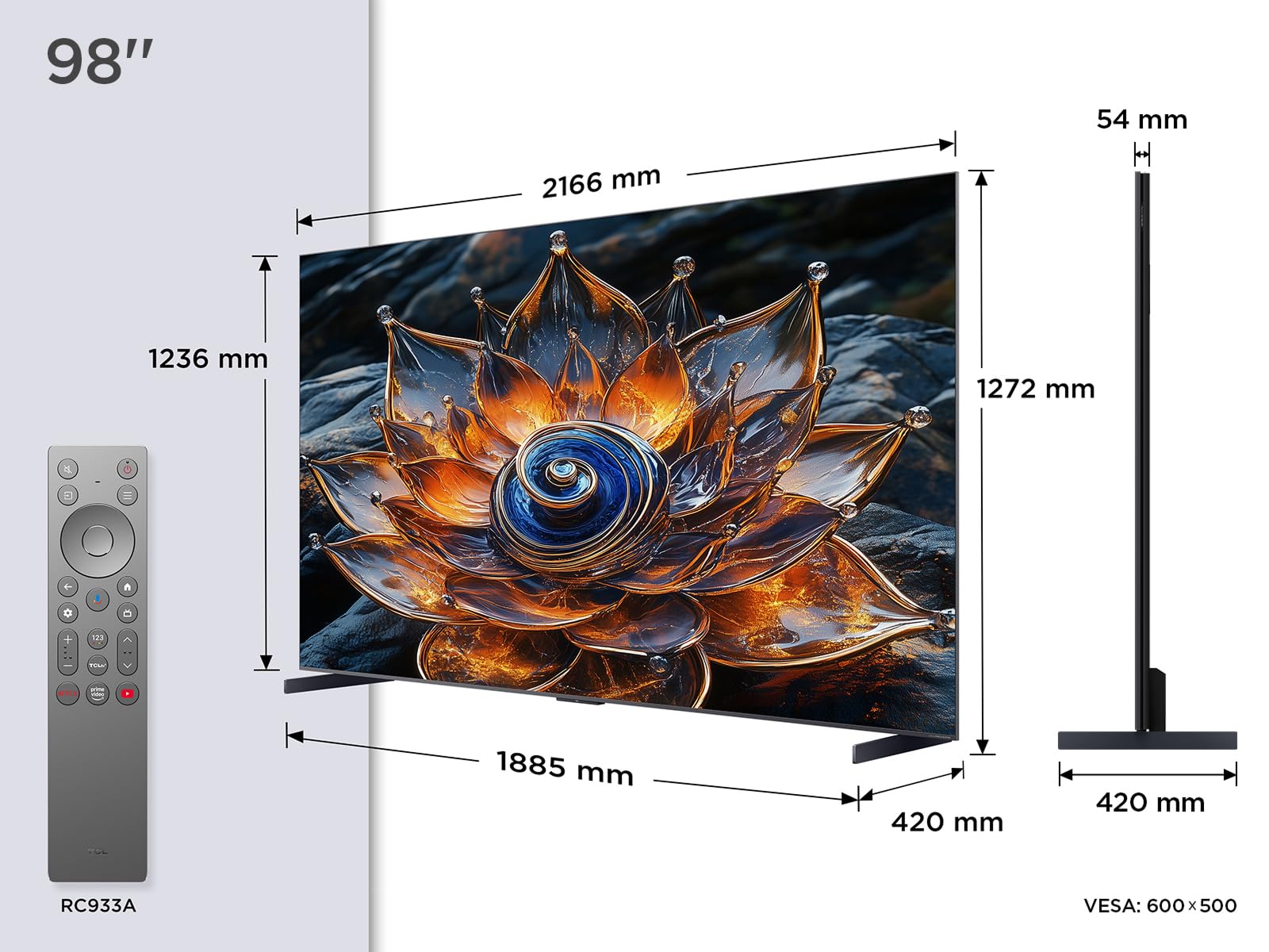 TCL 98Q8C 98 Zoll QD-Mini LED Fernseher, 4K HDR Premium 5000, ZeroBorder™, Smart Google TV CrystGlow WHVA-Panel, Audio von Bang & Olufsen, 144Hz Motion Clarity Pro, Dolby Vision IQ & Atmos 3