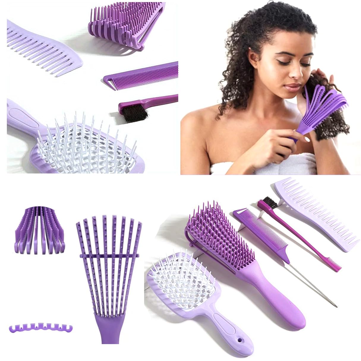 5 Elite HAIR BRUSH & COMB Set -Detangling Blow Dry Brush, Slick Back, Teasing Comb, Edge Hair, Fine Tooth, Metal Handle, Afro 3a To 4c, Straight, Curly, Frizzy, Kinky Hair, Wet Or Dry (5 STYLING Set)