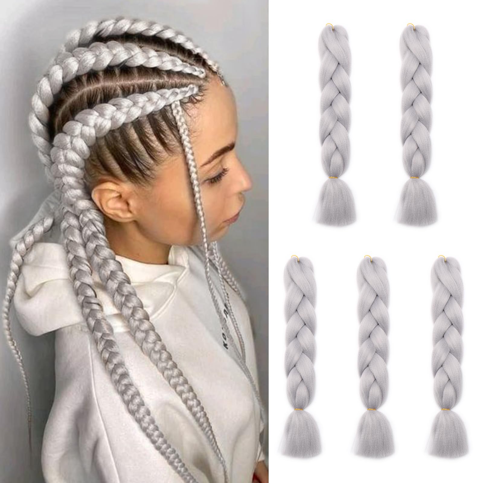 Silk-co 5Bundles 24inch Jumbo Braiding Hair Extensions Afro Box Braids Ombre Synthetic Weaving Hair -Light Grey โ image 1