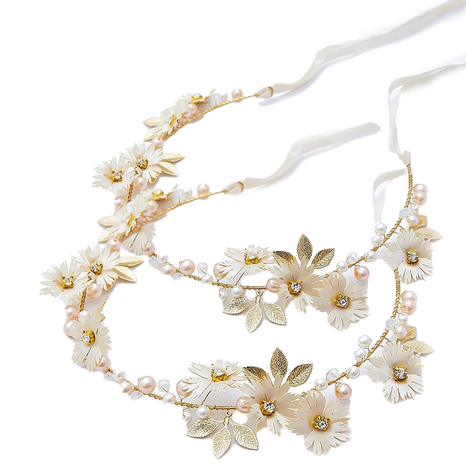 2 PCS Daisy Pearl Flower Headband, Rhinestone Floral Hair Vine, Festival Hair Accessories for Women and Girls, Boho Hippie Bridal Headpiece for Weddings, Parties, and Events