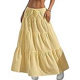DERAX Women's Boho Flowy White Maxi Skirt Flared Ruffle Elastic Waist Summer A Line 2026 Spring Long Skirts