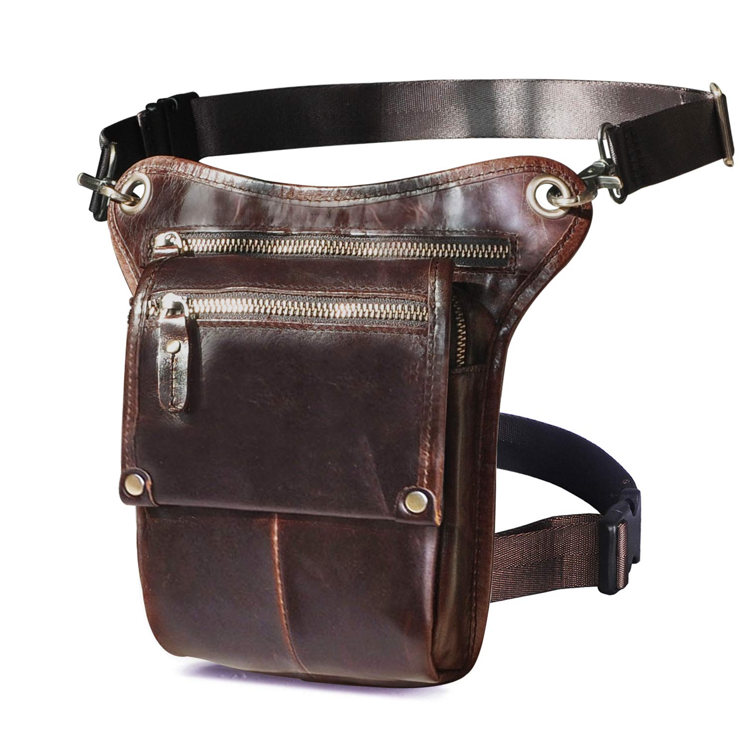 Le'aokuu Mens Genuine Leather Messenger Motorcycle Hip Bum Blet Fanny Waist Pack Drop Leg Thigh Bag (211-4 Coffee)