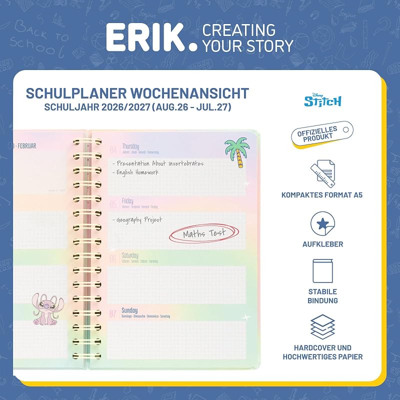 Hausaufgabenheft 2026 2027 Disney Stitch - Schulkalender Schülerkalender Studienplaner Wochenplaner - Terminplaner 2026 2027 A5 - Stitch Schul Sachen Merch Geschenke zur Einschulung