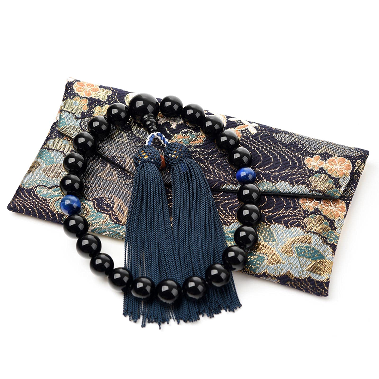 数珠 男性用 オニキス 12mm 天珠 数珠入れ 付 京都 西陣織 金襴 数珠袋 虎目石 赤虎目石 青虎目石 22玉 すべての宗派で使える 略式 念珠 天然石 頭房 セット(12mm, 天珠青虎目石)商品画像