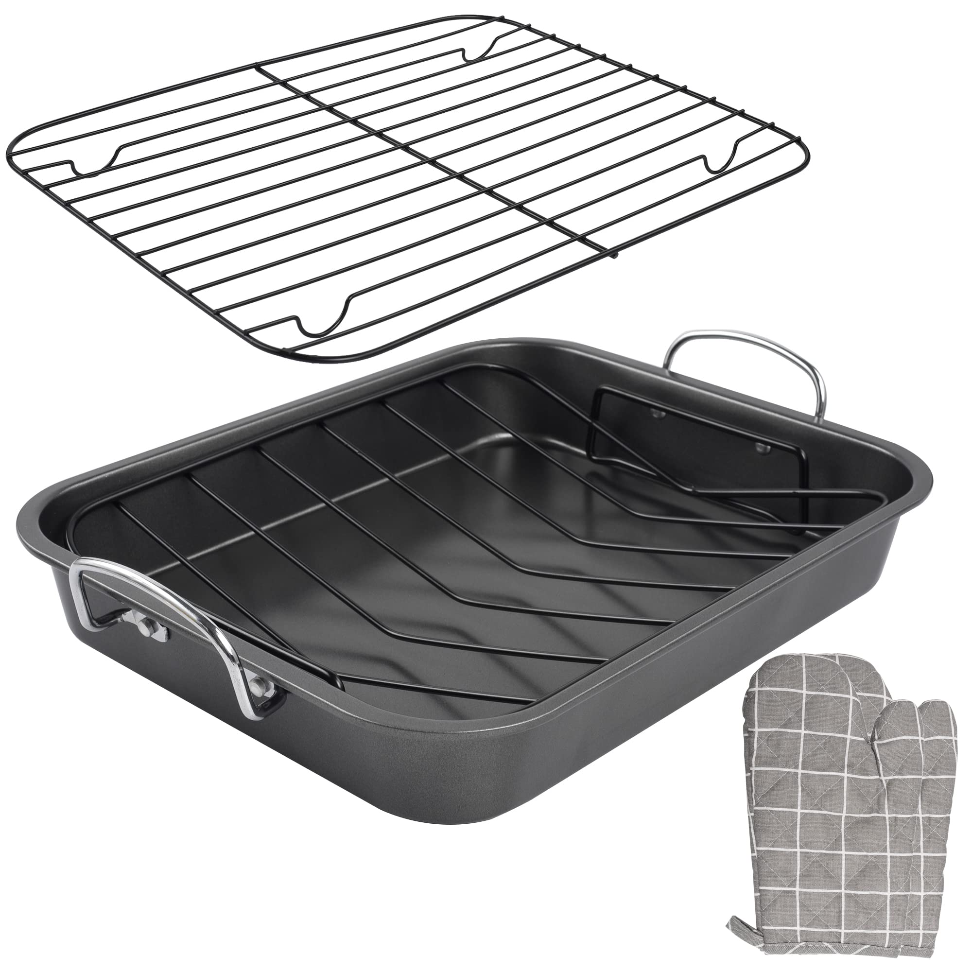Photo 1 of ***HAS SCRATCHES IN PAN BOTTOM**** Kitcom Nonstick Roasting Pan with Rack, 16 Inch x 11.5 Inch Rectangular Roaster Set for Roasting Turkey, Chicken, Meat and Veggies, Gray