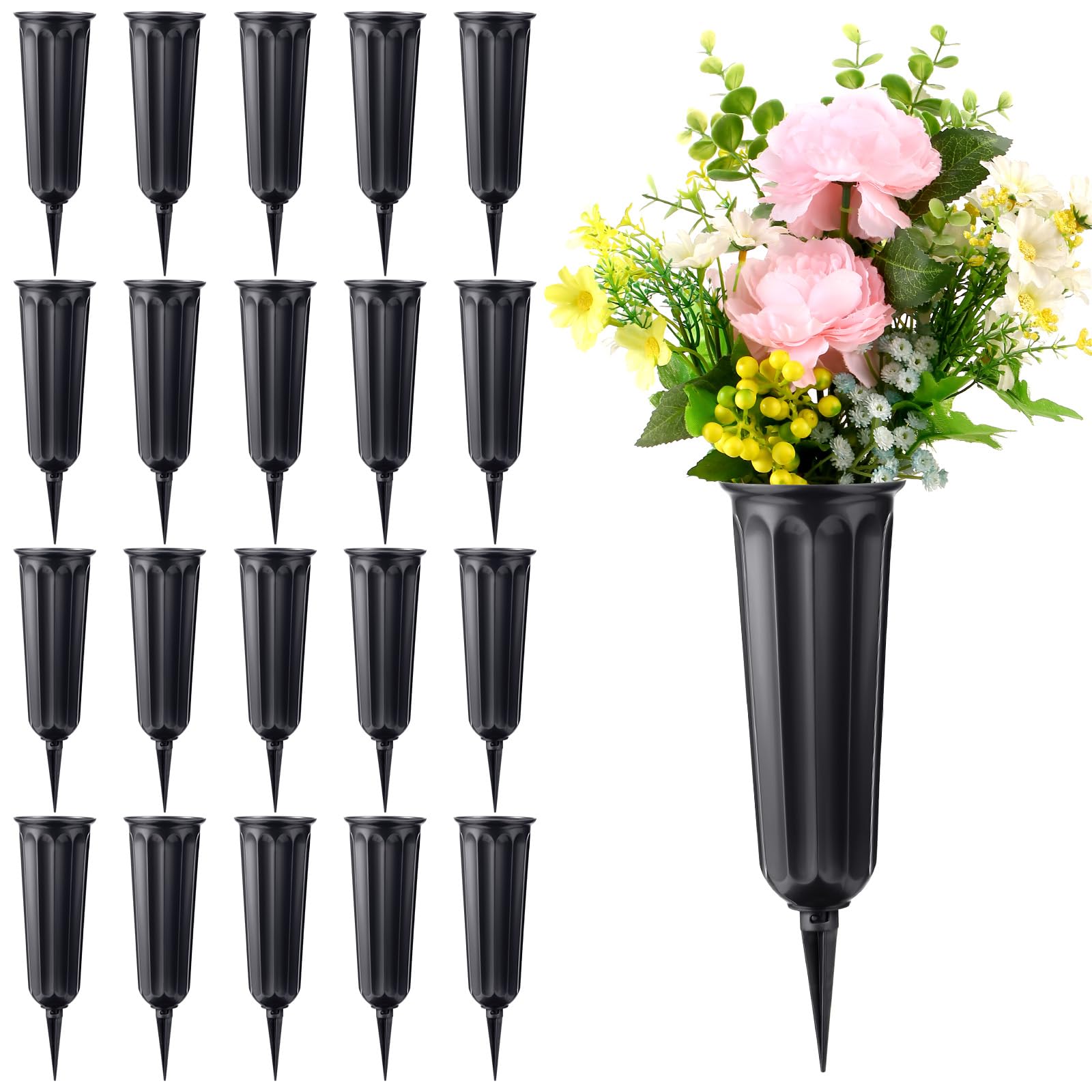 Photo 1 of 20 Pack Cemetery Vases with Spikes,Plastic Vases for Flowers,Grave Decorations for Cemetery,Grave Flower Holder,Memorial Floral Vase(Black)