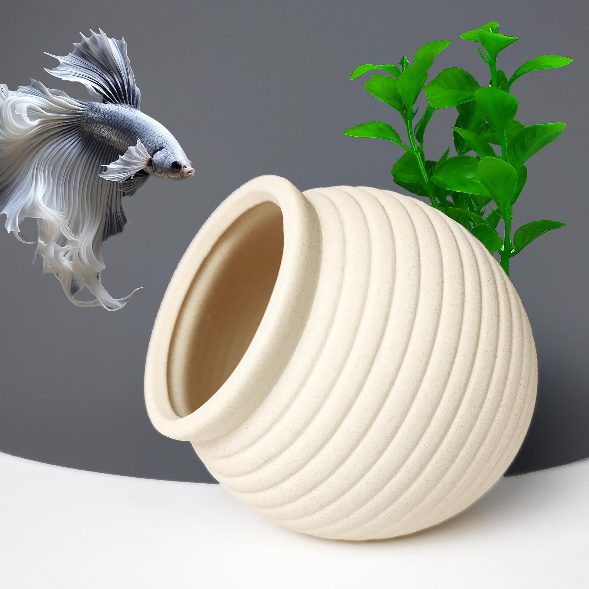 SpringSmart Pot-Shaped Ceramic Aquarium Cave with Artificial Plant - 2 in 1 Set, Fish Tank Hideout & Decoration for Betta, Shrimp & Small Fish to Hide, Rest, Breed