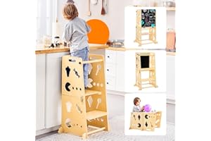 Amoveo Toddler Tower, 4-in-1 Foldable Toddler Kitchen Stool Helper, Learning Wooden Standing Tower for Toddlers with Chalkboard and Safety Rail, Kids Kitchen Step Stool for Bathroom