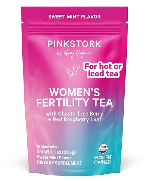 PINK STORK ORGANIC FERTILITY TEA – SUPPORTS CONCEPTION FOR HER & HORMONE BALANCE WITH CHASTE TREE BERRY (VITEX), MINT, AND RED RASPBERRY LEAF – HOT OR ICED – CAFFEINE FREE – SWEET MINT, 15 SACHETS