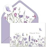 AnyDesign 24 Pack Wildflower Thank You Cards Bulk Purple Flower Greeting Cards with Envelope Sticker Floral Blank Note Cards for Birthday Wedding Baby Shower Bridal Shower, 4 x 6 Inch
